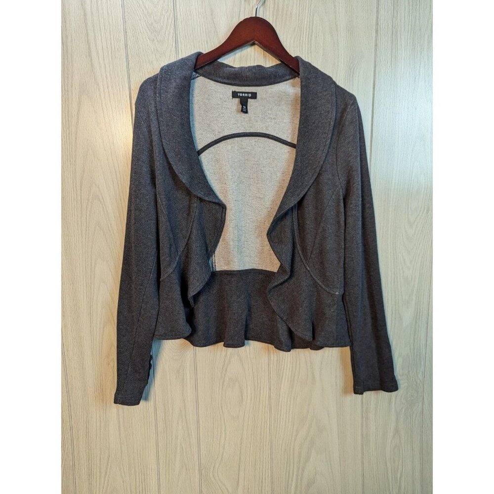Torrid Open Front Long Sleeve Cardigan Dark Gray Ruffle Hemline Size 00